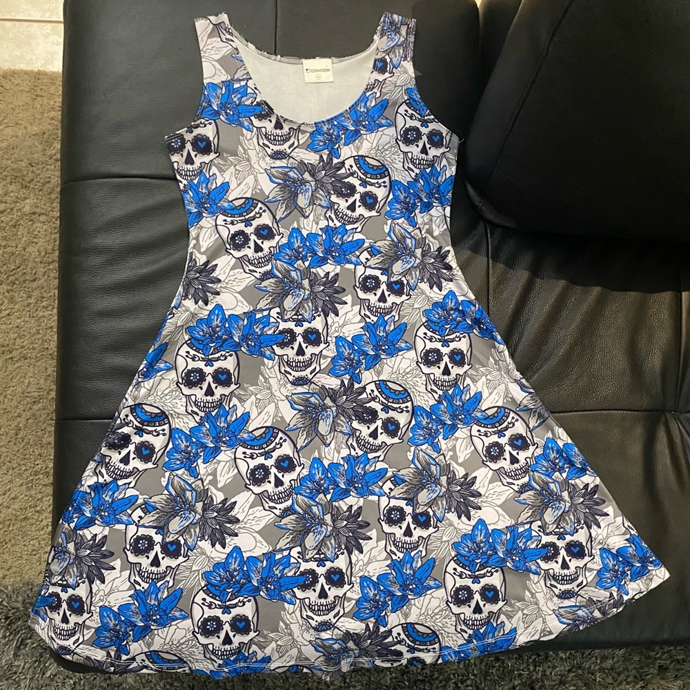 Skater Dress - Blue White Skulls & Flowers, Size Medium